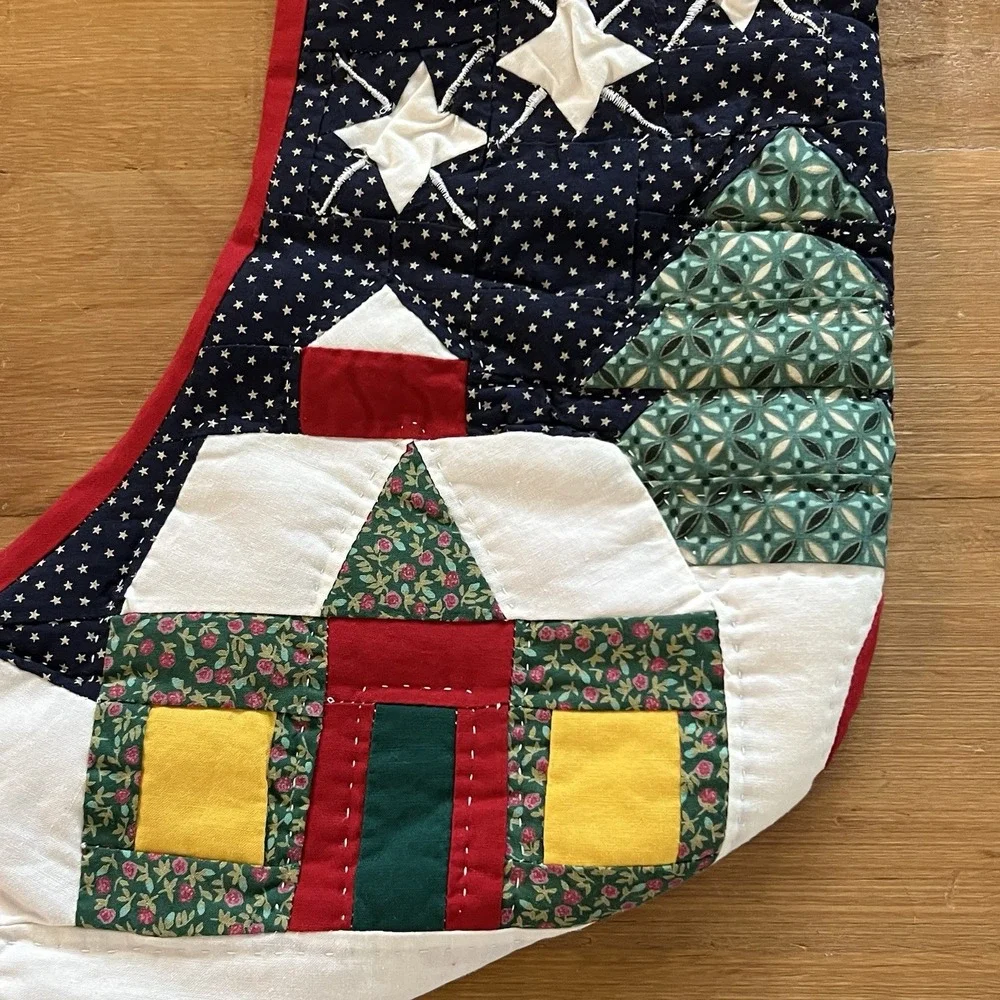 Quilted Christmas Stocking Patchwork Cottage Stars Farmhouse Holiday Decor